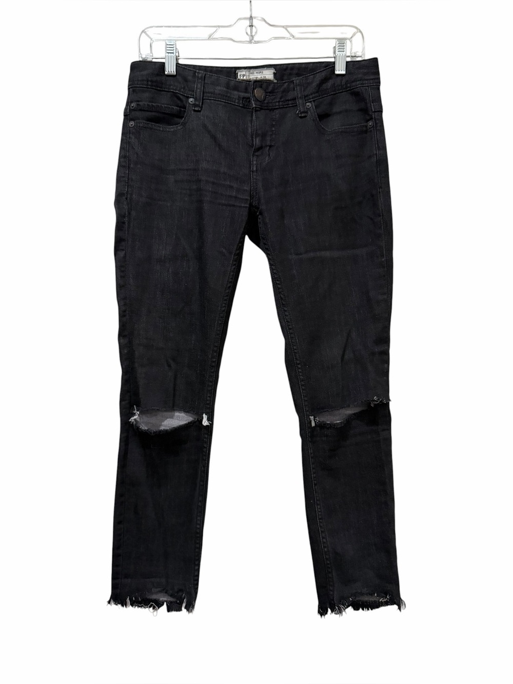 Free People 26 Black Cropped Skinny Distressed Knee Jeans B3